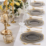 100pcs Gray Plastic Plates Gold Rim Party Wedding Holiday New Year Supplies