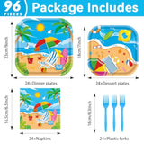 96Pcs Beach Party Supplies Summer Pool Party Paper Plates Napkins Forks Set Hawaiian Sand Beach Party Disposable Pool Themed Square Tableware For Kids 24 Guests Summer Holidays Party Decors
