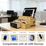 Bamboo Charging Organizer for Multi-Devices, with Drawer and Pen Holder, Nightstand Desk Charging Stations Electronic Organizer for Cell Phone,