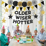 Older Wiser Hotter Triangle Flag Birthday Banner Decorations Kit- Black Gold Glitter Birthday Decors For Men Women 30Th 40Th 50Th 60Th 70Th 80Th Paper Pompoms, Hanging Swirls Party Supplies