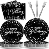 96Pcs Black Silver Birthday Paper Plates And Napkins Party Supplies Happy Birthday Party Decorations Disposable Birthday Party Tableware Dinnerware Set For Women Men Birthday Serves 24 Guests