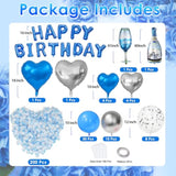 Blue Happy Birthday Decorations Men Blue Silver Letter Balloons with Champagne Set