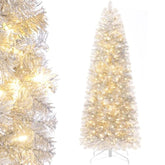 Pre-Lit Pencil Christmas Tree 6Ft Artificial Silver Tinsel Xmas Tree With Metal Stand