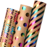 Birthday Kraft Wrapping Paper Iridescent Gift Wrapping Paper Mini Roll, 3 Rolls Happy Birthday Polka Dots Stripes Printed Assortment - 17 Inch X 120 Inch(10Feet) Per Roll