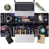 Purple Flowers Bookshelf Desk Mat Bookish Desk Pad Celestial Floral Books Large Mouse Pad Xxl Extended Mousepad Aesthetic Keyboard Pad Crystal Globe Mouse Mat 31.5X15.7 In Office Decor For Women