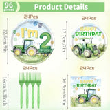 Tractor 2Nd Birthday Decorations Supplies, 96Pcs Tractor Party Plates Napkins And Forks Set, Disposable Farm Two Years Old Birthday Tableware For Boys Serves 24