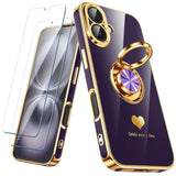 Luxury Gold Edge Slim Soft Phone Case for iPhone 16 - Purple, 2 Pack Screen Protector, 360° Rotatable Ring Holder, Hearts Pattern Plating Gold Edge Case
