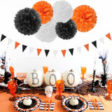 15Pcs Halloween Tissue Pom Poms and Paper Flowers – Orange, Black & White Party Hanging Decorations