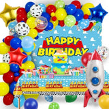 Cartoon 154Pcs Toys Inspired Story Birthday Decorations Including Balloon Arch, Backdrop, Tablecloth And Rocket Balloons, Toys Inspired Story Themed Birthday Party Supplies For Kids