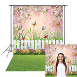 Spring Easter Garden Photography Backdrop Green Grass Lawn Floral Butterfly Fence Baby Shower Birthday Party Decorations Banner (5X7Ft)