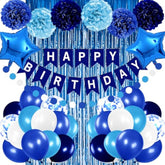 Blue Birthday Decorations – Banner, Balloons, Pom Poms & Foil Curtain for Boys