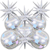 9Pcs Disco Ball Balloons Iridescent,22Inch Glitter Silver 4D Large Foil Disco Balloons With Explosion Star Balloon For Birthday Bachelorette 70S 80S 90S Disco Theme Party Decorations