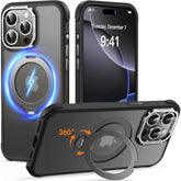 Magnetic For Iphone 15 Pro Case, Military Drop Protection, Compatible With Magsafe, Slim Translucent Matte Shockproof Protective Phone Case With 360° Spin Stand 6.1", Black