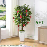 Artificial Ficus Tree 5Ft Faux Floor Tree With Planter Uv Resistant Potted Fake Silk Plant, Real Wood Trunk-Indoor Outdoor Lifelike Fake Ficus Tree For Home, Living Room Bedroom Topiary Tree