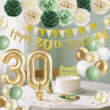 30Th Birthday Decorations For Her Him, 30Th Birthday Decor With Happy Banner, Cake Topper, Number 30 Foil Balloon, Sage Green White Gold Paper Pompoms And Balloons For 30 Year Old Party Decoration