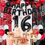 16Th Red And Black Birthday Decorations For Boys Girls Happy 16Th Birthday Party Decorations Red Black Balloons Fringe Curtain Table Cloth With Happy Birthday Banner Number 16 Balloon Hanging Swirls