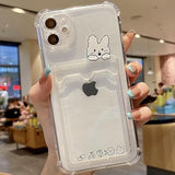Compatible with iPhone 15 Pro Max Case, Cute Kawaii Cartoon Bunny Bear Clear Credit Card Slot Holder Wallet Transparent Corner Protection Soft Shockproof Cover Phone Case (Bunny)