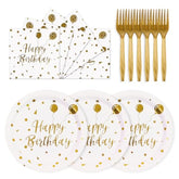 75Pcs Happy Birthday Paper Plates 7" White Gold Dot Set with Napkins & Forks, 25 Guests
