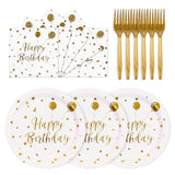 75Pcs Happy Birthday Paper Plates 7" White Gold Dot Set with Napkins & Forks, 25 Guests