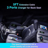 kapebow 78W Fast Charging USB C Car Charger, 5 Port Car Phone Charger with Voltage Display, 5FT Extention PD&QC 3.0 Type C Car Charger for Back Seat for iPhone iPad Samsung Pixel Phones