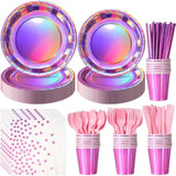 Iridescent Pink Party Supplies Decorations Serve 25, Hot Pink Holographic Paper Plates And Napkins Set, Disposable Pink Paper Plates Cups Knives Spoons Fork For Mermaid Disco Birthday Graduation Party