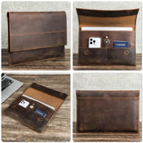 Top Grain Leather 13.3" Slim Laptop Sleeve Bag, Magnet Clasp Closure Design & 3 Pockets & Tracker Holder, Handmade, Compatible With Macbook Pro/Air 13.3"/Cellphone/Passport, Coffee 13.3 Inch