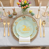 175Pcs Easter Plates and Napkins Disposable - Green and Gold Plastic Dinnerware Set for 50 guests include 50 Plates 25Cups 25Plastic Silverware 25Napkins Perfect for Easter Party