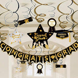 Graduation Hanging Swirl Banner Decorations, Black Gold Silver Star Ba