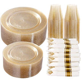350 Pcs Gold Glitter Dinnerware Set for 50 Guests Plates Napkins Cups Cutlery