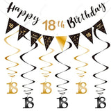 18th birthday kit with black-gold banner, bunting, swirls, and triangle flags