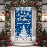 Christmas Door Cover For Front Door - Merry Xmas Banner Blue Silver Christmas Tree Themed Door Banner Decorations, Merry Christmas And Happy New Year Backdrop For Holiday Party Supplies
