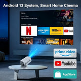 Mini Projector With Wifi And Bluetooth, Built-In App Smart Portable Projector 4K Support, Auto Keystone 180° Rotatable, Android 13 Os, Compatible With Smartphone/Laptop/Tv Stick/Hdmi/Usb