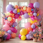 Hot Pink Purple Balloon Arch Double Stuffed Balloons With Cosmos Artificial Flowers Eucalyptus Leaves Pastel Yellow Peach Magenta Latex Garland For Wildflower Birthday Baby Shower Wedding Party Decor