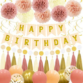 Birthday Decorations For Women Girls Kit - Boho Pink Happy Birthday Banner With Tissue Flower Pom, 12 Inch Balloons,Tassel Garland,Hanging Swirls Streamers For Boho Neutral Retro Themed Party Decor