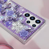 For Galaxy S23 Ultra Bling Case With Strap, Luxury Glitter Rhinestone Diamond Crystal Sparkle Rose Flower Pearl Floral Bracelets Soft Bumper Protective Case Cover For Women Girls Purple