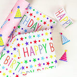 Reversible Birthday Wrapping Paper, 17"x32.8", Pink Hats & Lettering for Girls