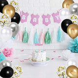 50 Pack Black Gold Silver 12 Inch Metallic Latex Balloons with Ribbon Party Decor