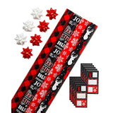 Christmas Wrapping Paper, Red And Black Buffalo Plaid Holiday Gift Wrap Set (120 Sq.Ft., 4 Rolls-30 In. X 12 Ft., 7 Adhesive Bows, 30 Gift Tag Stickers) Rustic, Snowflakes, Reindeer