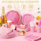 175 Pcs Pink Holographic Print Party Disposable Dinnerware Set Include 50 Pcs Paper Plates, 25 Napkins, 25 Cups, 25 Plastic Forks, 25 Knives, And 25 Spoons For Guest Holiday Wedding Birthday