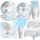 Bear Baby Shower Decorations Boy Tableware - Blue Bear We Can Bearly Wait Baby Shower Decorations Party Supplies, Paper Plate, Napkin, Cup, Cutlery, Tablecloth, 24 Guests