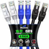 Maximm Cat 6 Ethernet Cable 15 Ft, (6-Pack) Cat6 Cable, LAN Cable, Internet Ca
