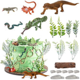 19Pcs Reptile Cake Toppers Safari Animals Cake Decorations Artificial Lizard Snake Model Leaf Stone Tree Stump Set Reptile Party Decoration For Birthday Baby Shower Theme Party Supplies