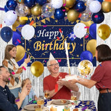 Blue & Gold Birthday Party Decoration Kit: Backdrop, Balloons, Tablecloth