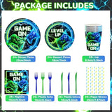 168Pcs Video Game Birthday Party Decorations Blue Video Game Level Birthday Plates And Napkins Tableware Sets For Kids Boys Gamer Gaming Party Favors Serves 24