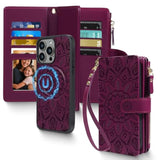2 In 1 For Iphone 13 Pro Max Wallet Case Magnetic Compatible With Magsafe Rfid Blocking Card Holder Detachable Phone Cover Zipper Purse Kickstand Wrist Strap For Men Women 6.7" 2021 Floral Burgundy