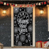 71X35 Inch Happy New Year 2026 Door Cover Black Silver Fireworks Champagne Midnight Clock Countdown New Years Eve Party Decorations Polyester Fabric Front Door Porch Backdrop Indoor Outdoor Photo Booth Background Reusable