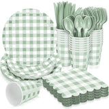 168-Piece Sage Green Gingham Party Supplies Set - Plates, Cups, Cutlery for 24