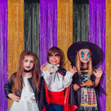 3 Pack Glitter Halloween Foil Fringe Curtains 3.3x6.6ft Backdrop Orange Purple Black