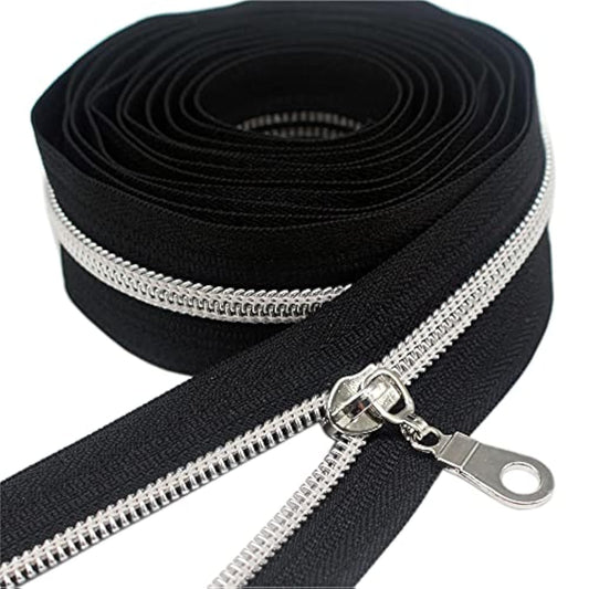 #5 Silver Metallic Nylon Coil Zippers By The Yard Bulk Black 10 Yards