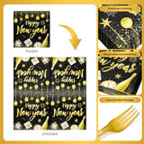 96 Pieces Happy New Year Tableware Set – Black and Gold Disposable Plates, Napkins, and Forks with Fireworks and Champagne Designs for New Year’s Eve Parties – Serves 24 Guests